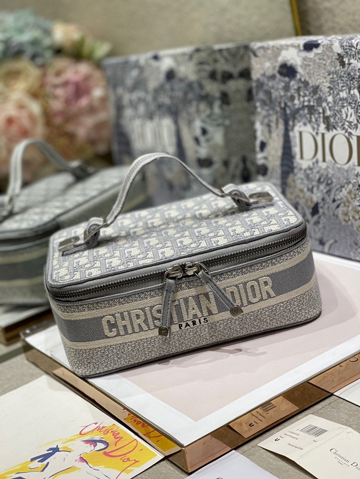 DIOR SMALL 24 VANITY CASE IN PALE GRAY MONOGRAM OBLIQUE JACQUARD