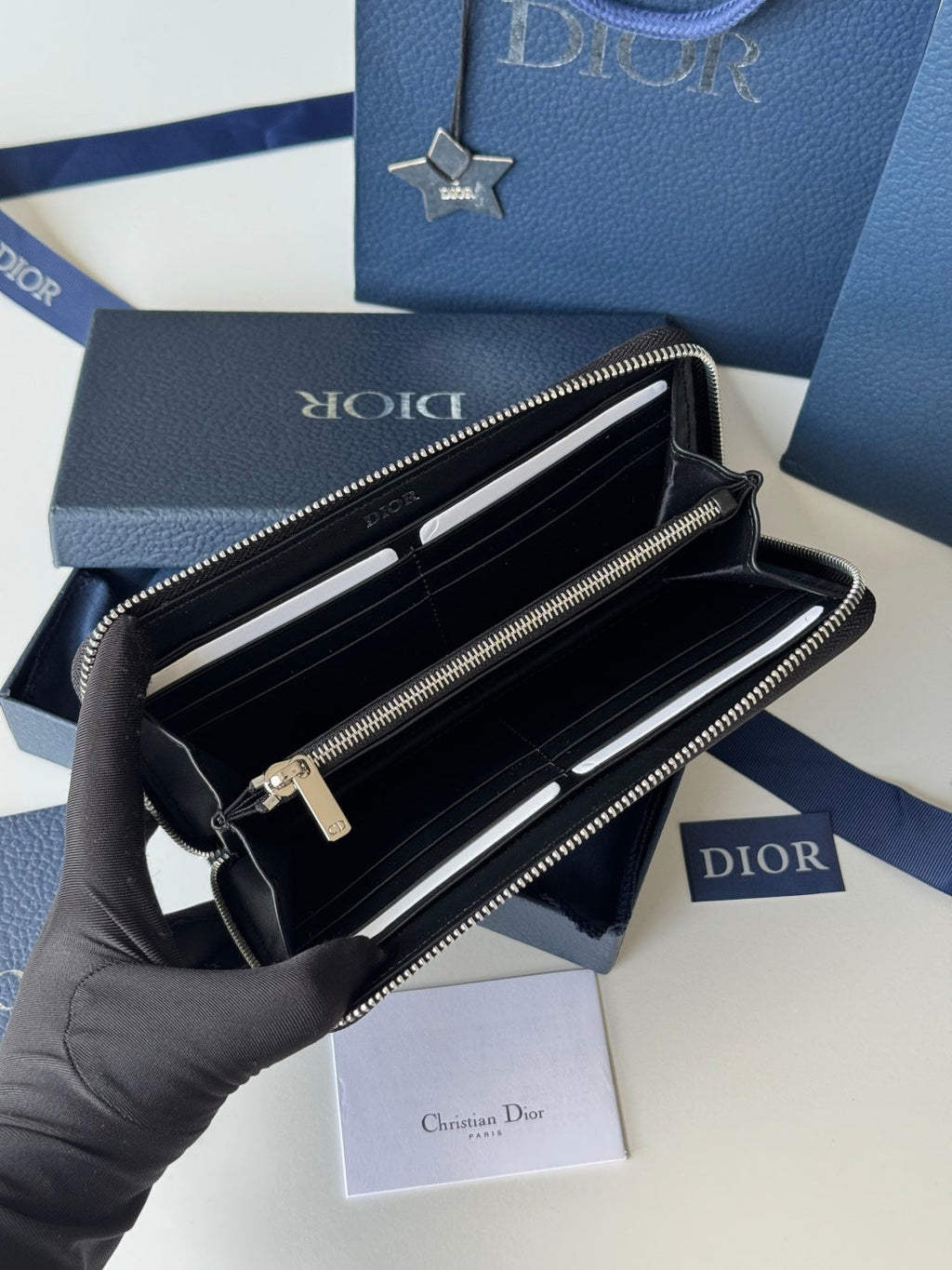 DIOR 25S LONG VERTICAL ZIPPED WALLET 19 IN BLACK CALFSKIN SILVER HARDWARE