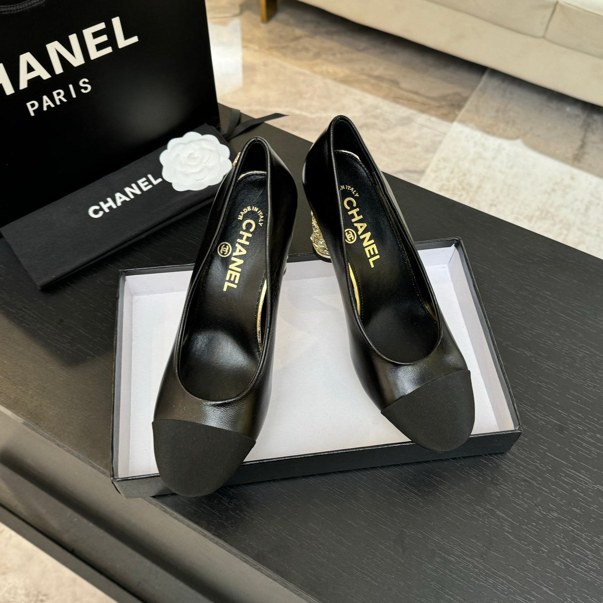 CHANEL HIGH HEEL 85 MM SANDALS IN BLACK CALFSKIN AND FABRIC