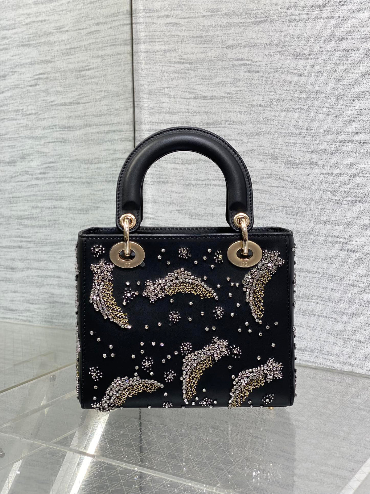 DIOR SMALL 20 BAG BLACK LAMBSKIN WITH SHOOTING STAR EMBROIDERY WOMEN