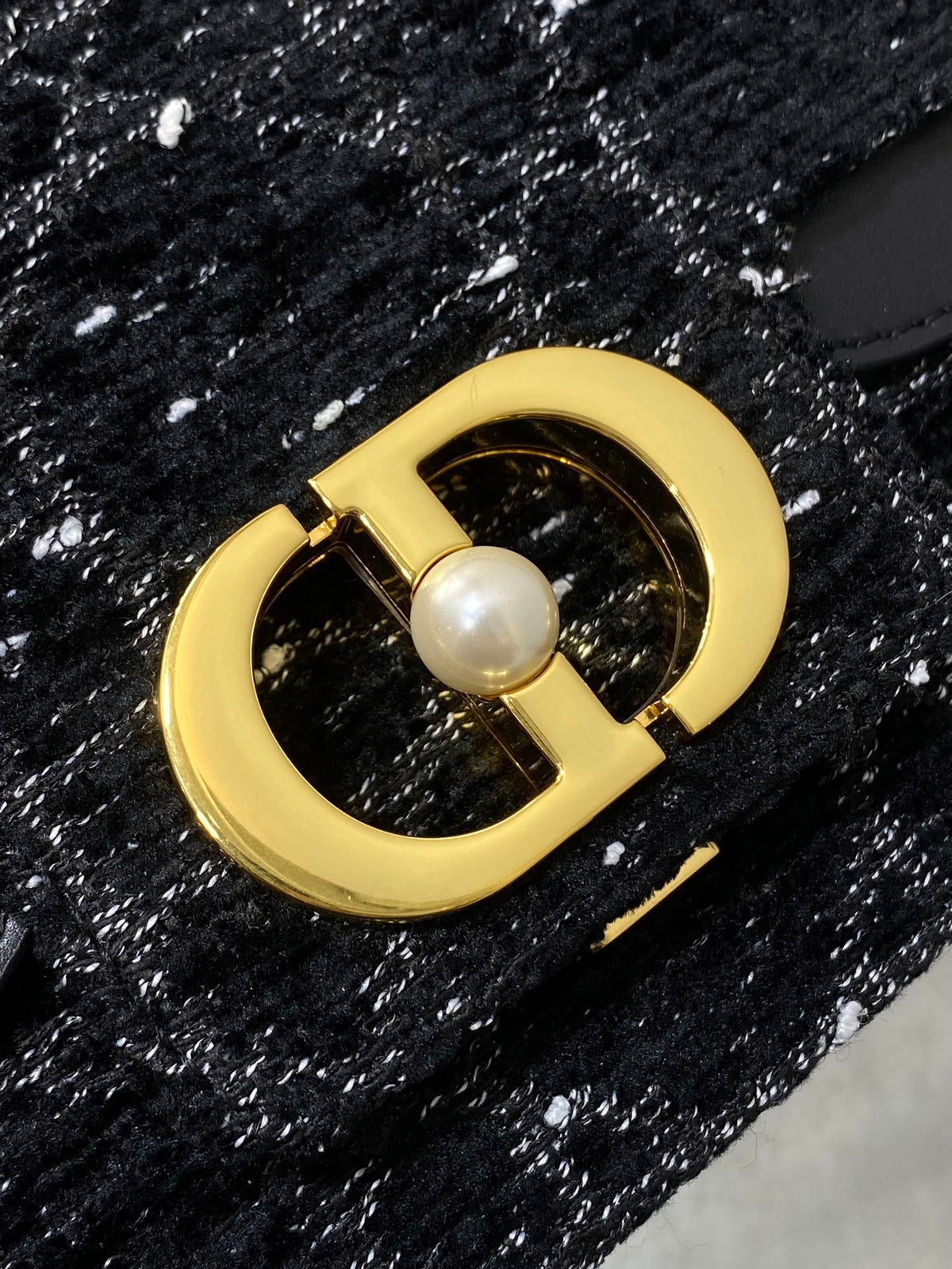 DIOR SMALL 22 JOLIE TOP HANDLE BAG IN BLACK MIX WHITE CANNAGE TWEED