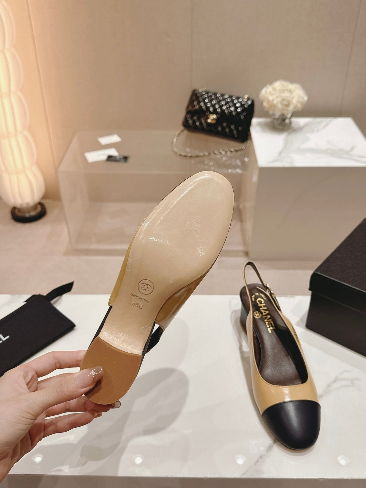 CHANEL SLINGBACKS PEANUT BROWN MIX BLACK SHEEPSKIN