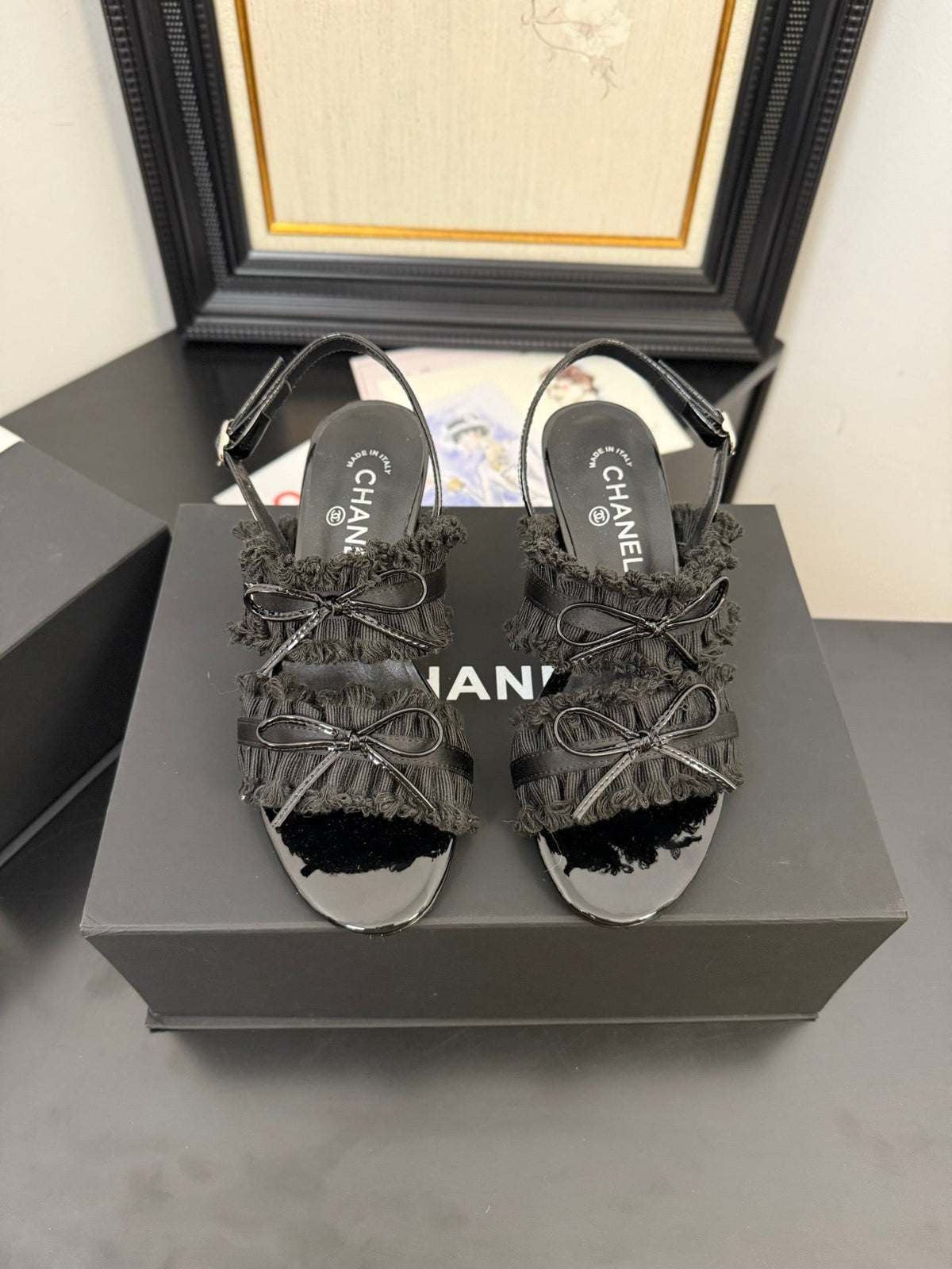 CHANEL BLACK GROSGRAIN CANVAS BOW SLINGBACK SANDALS 65 MM