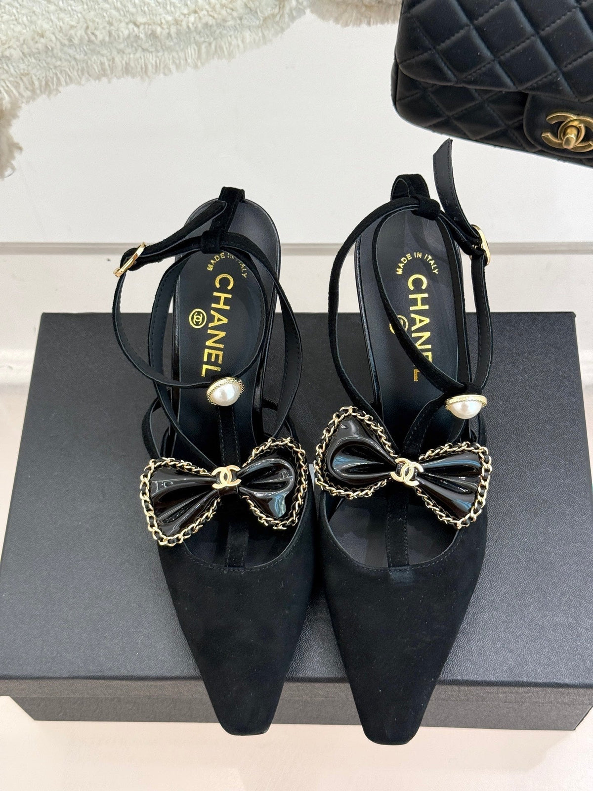 CHANEL CHAIN BOW HIGH HEEL 8 CM SLINGBACKS IN BLACK SUEDE
