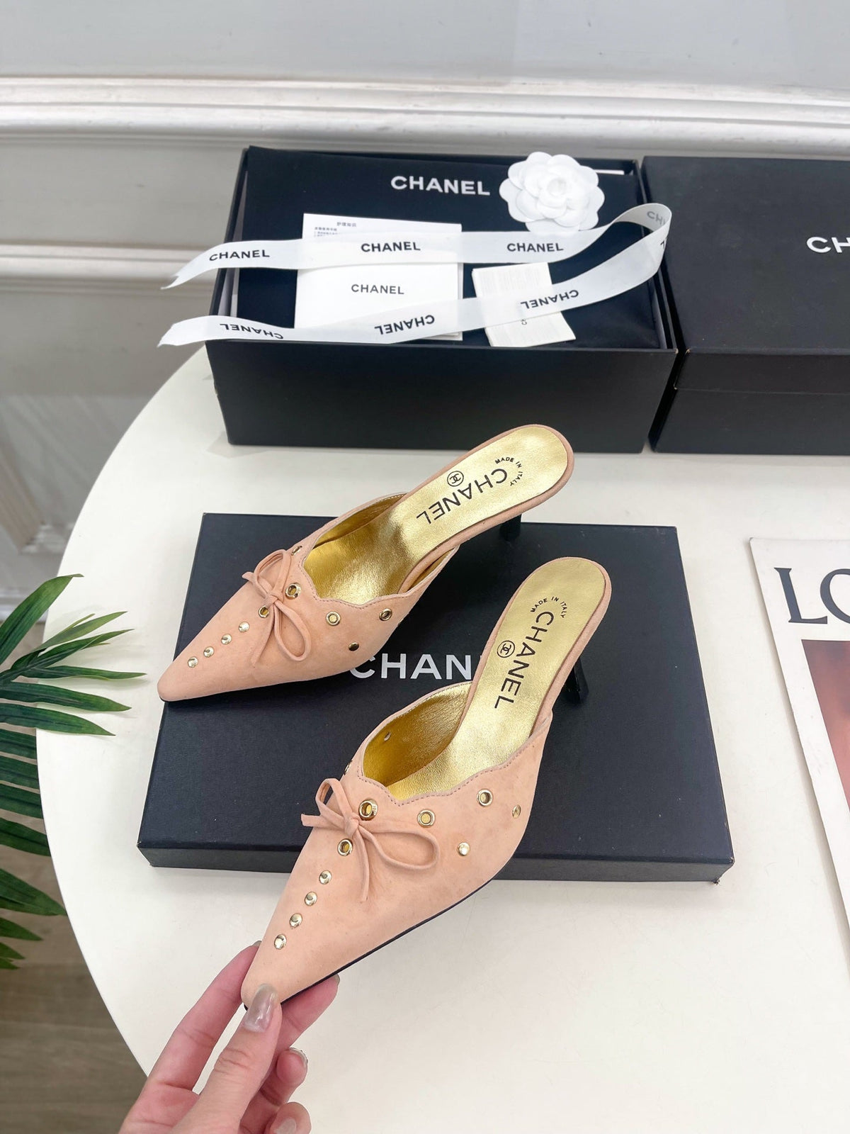CHANEL HIGH 65 MM MULE IN PEACH PINK SUEDE